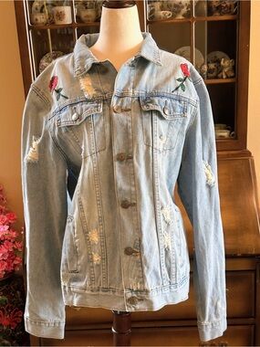Light Blue Embroidered Rose Denim Jacket